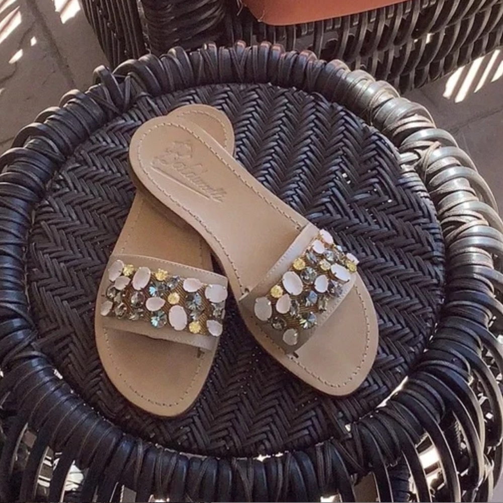 Italian Designer Jeweled Slide Sandals Crystal & Pearl Embellished EU 40